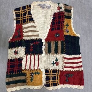 VTG  Huntington Ridge Women Sweater Vest Large Hand Knitted Floral Granny Core